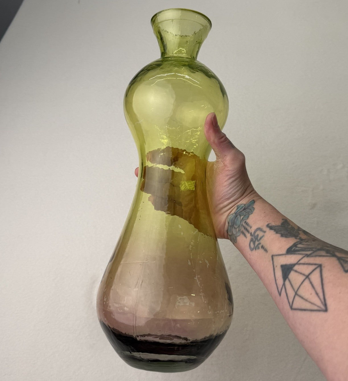 Hand Blown Spanish Art Glass Decanter Ombre Olive Amber Plum Genie Bottle W Plug