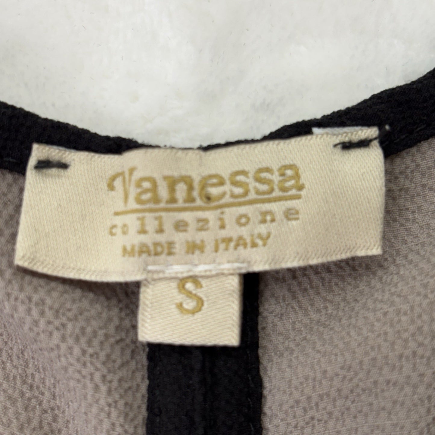 Vanessa Collezione Italy Sheer Flutter Sleeve Blouse Taupe Black Trim Sz Small