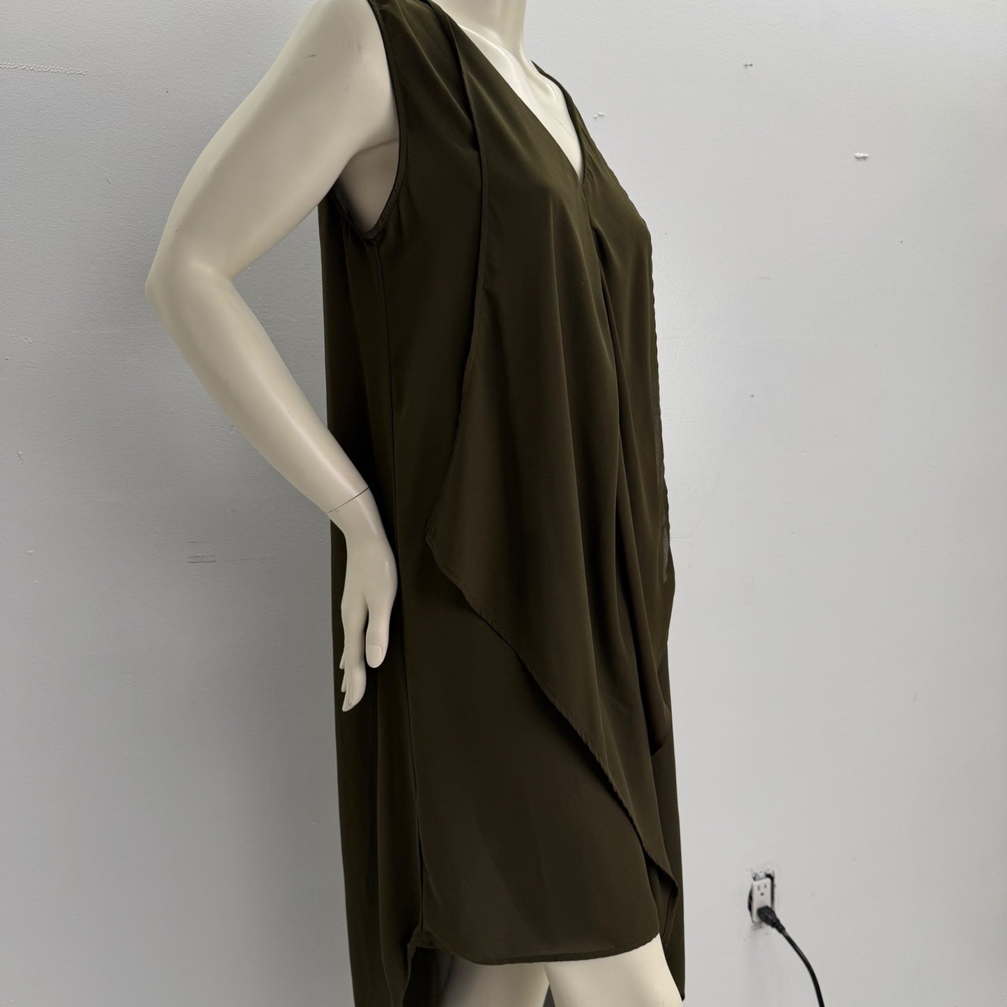 Olive Green High Low Draped V-Neck Top Sheer Dress Large Lagenlook Goblincore