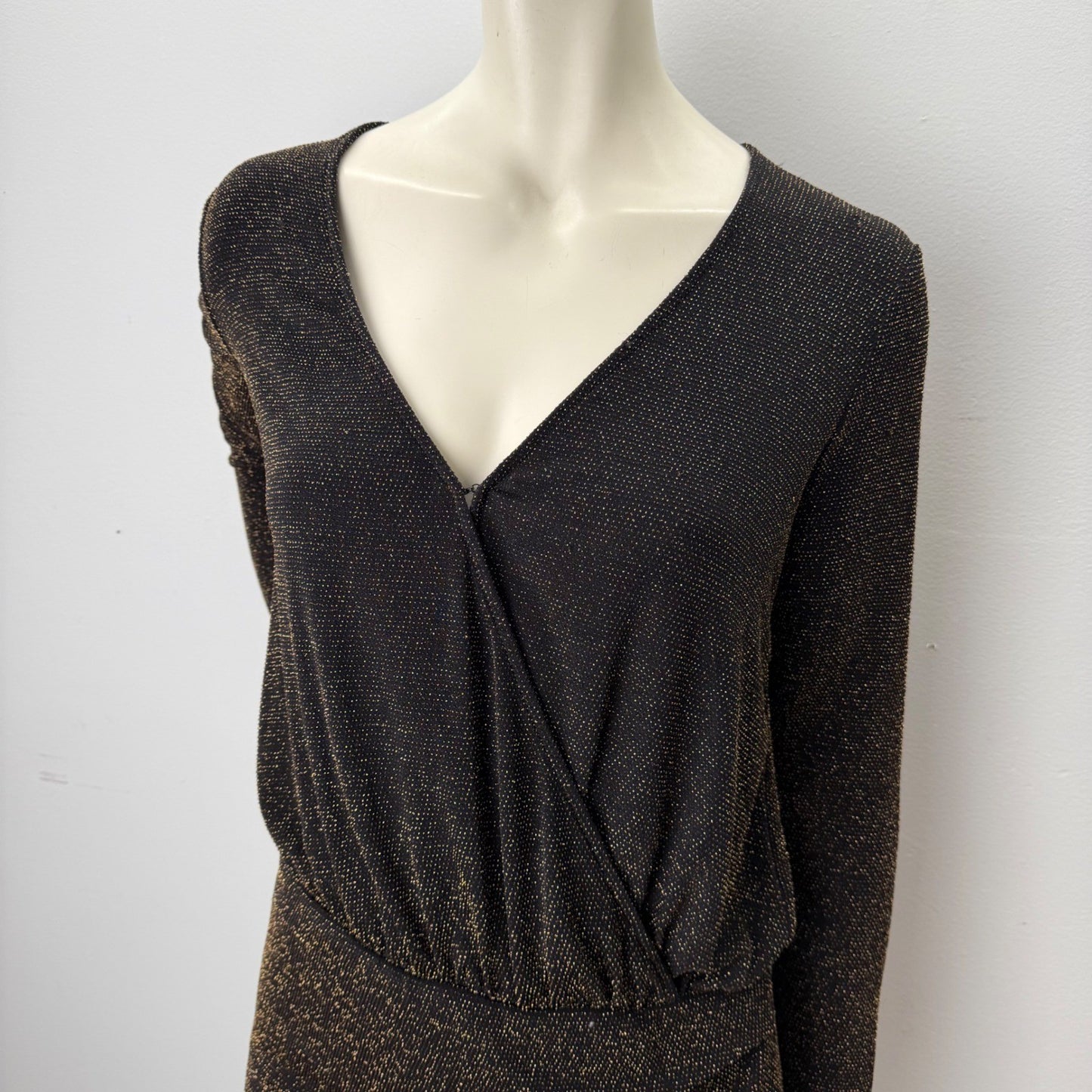 Dynamite Gold Shimmer Black Dress Ruched Long Sleeve Y2K Goth Indie Sleaze M