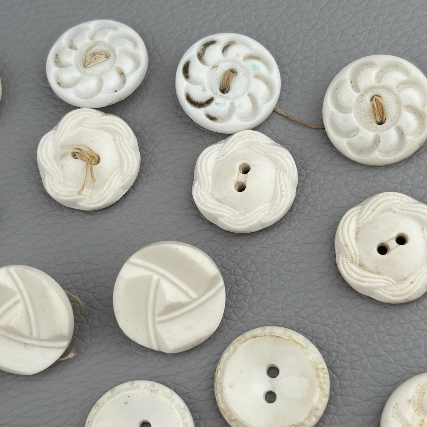 Antique White Carved Buttons Lot – Casein & Milk Glass Mix ~40pcs 1920s–40s