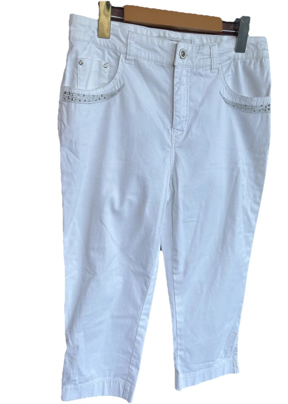 Women's White Capri Simon Chang Jeans Size 4 Crystal Detail Pockets Leg Zippers