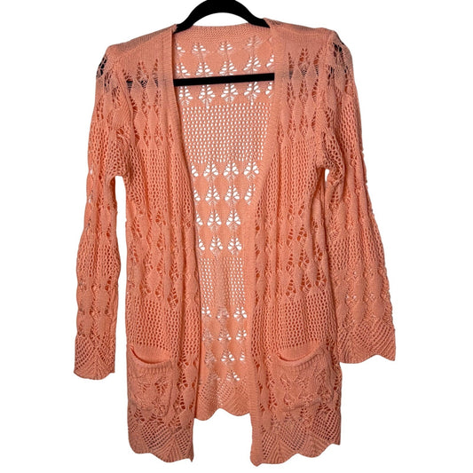Peach Coral Crochet Open Knit Cardigan Long Sleeve Pointelle cottagecore