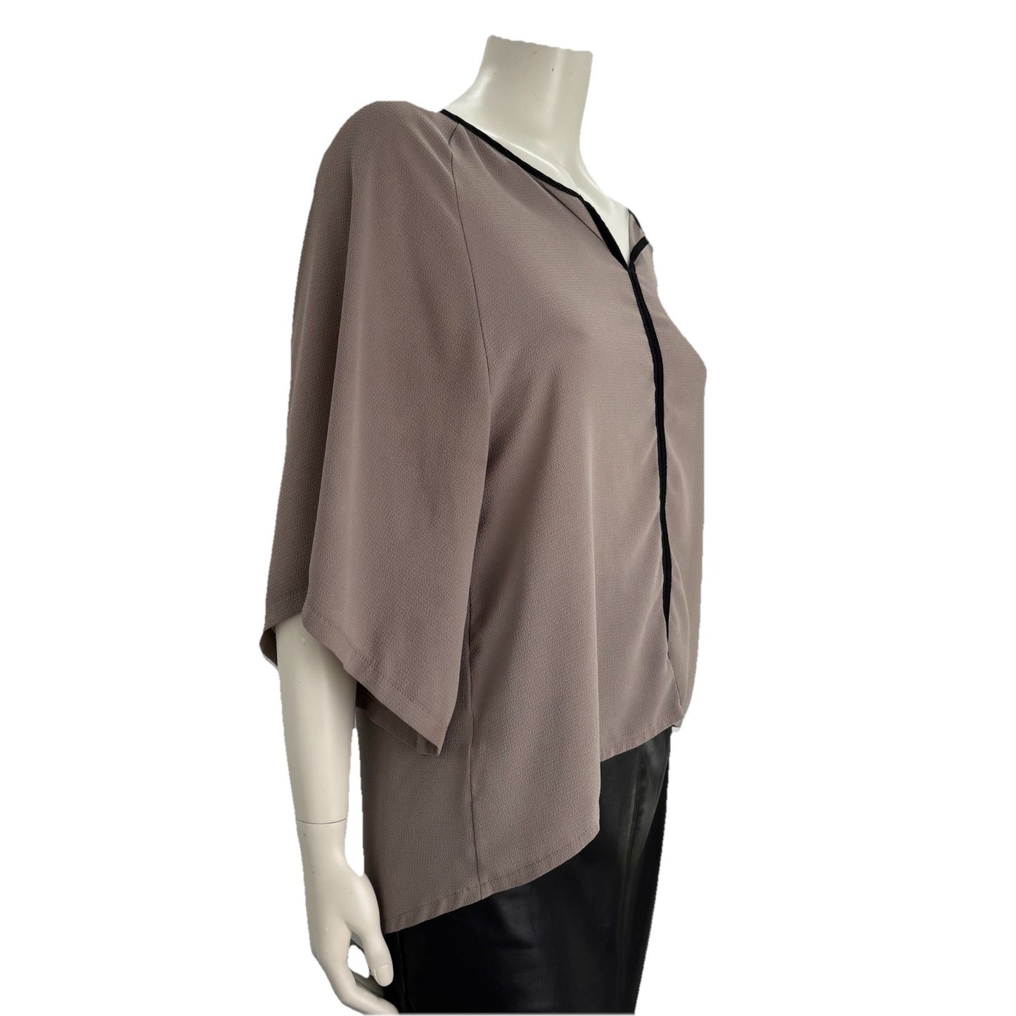 Vanessa Collezione Italy Sheer Flutter Sleeve Blouse Taupe Black Trim Sz Small