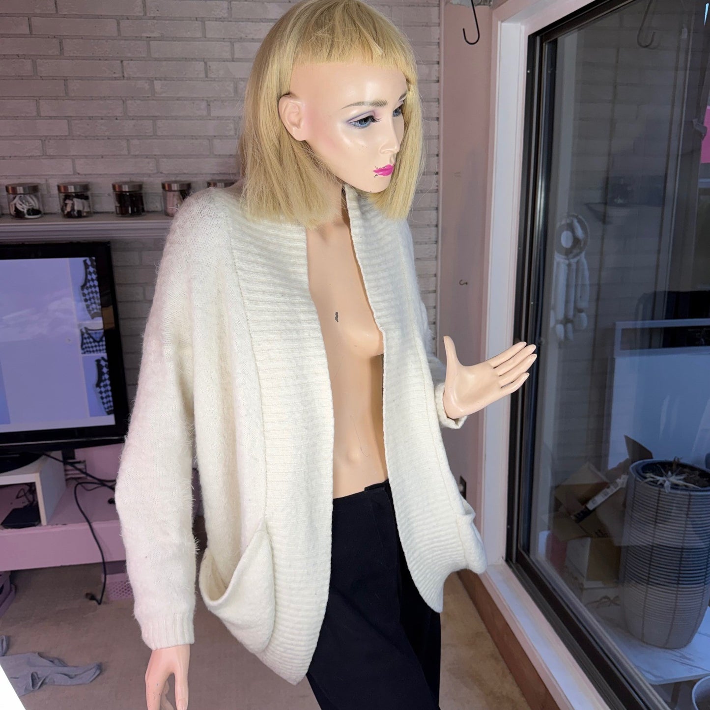 Vintage Mink Pink Cream Eyelash Cocoon Cardigan longline open front Y2K XSmall