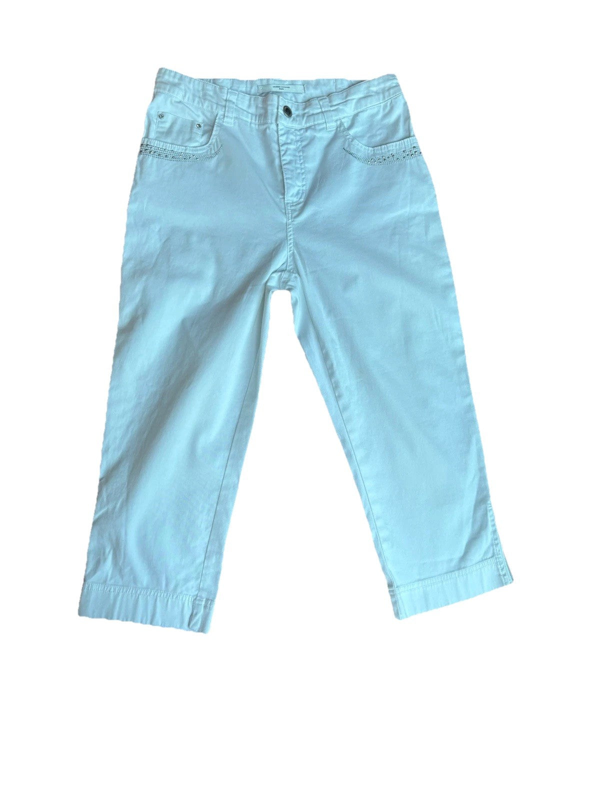 Women's White Capri Simon Chang Jeans Size 4 Crystal Detail Pockets Leg Zippers