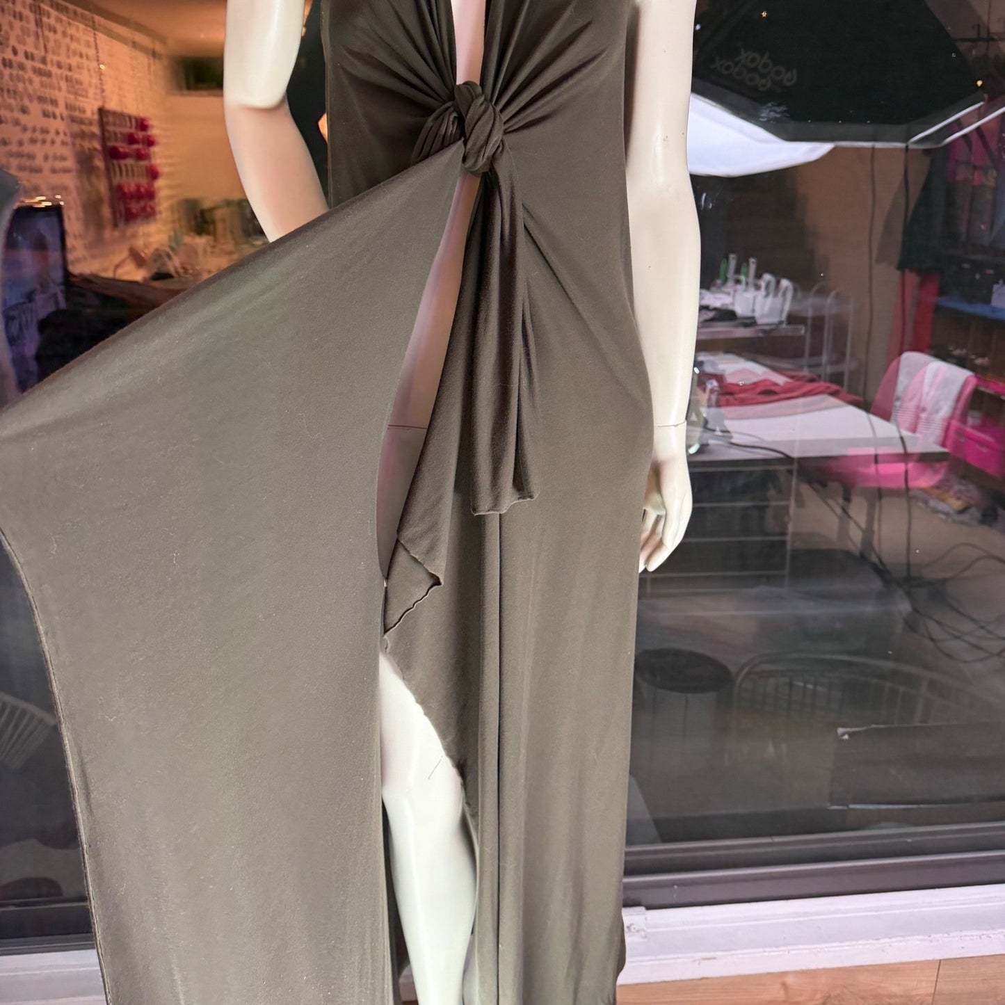 Simpłe Halter Maxi Dress Knot Front Grecian Resortwear Olive Drab Green OS