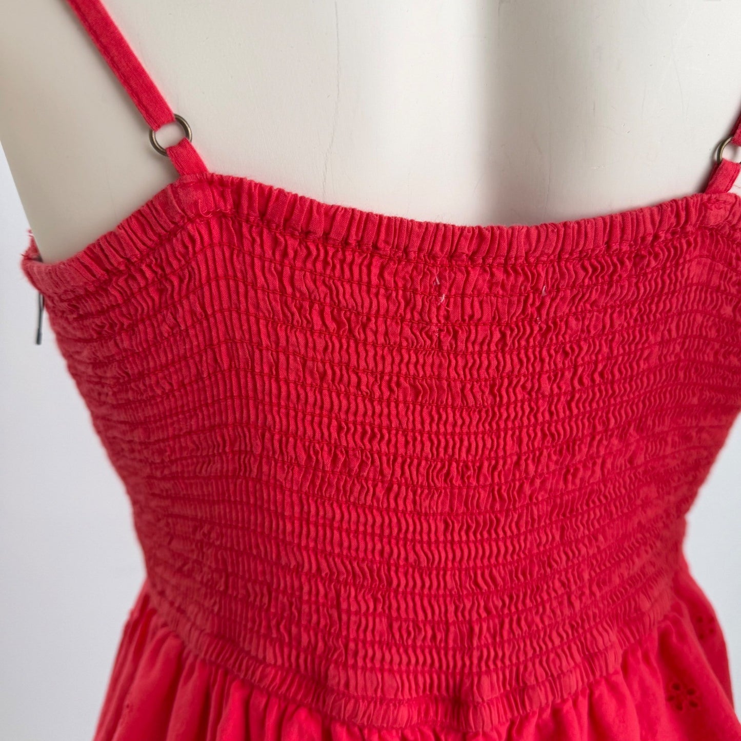Coral Red Eyelet Embroidered Cotton Romper Smocked Back Boho Festival Country