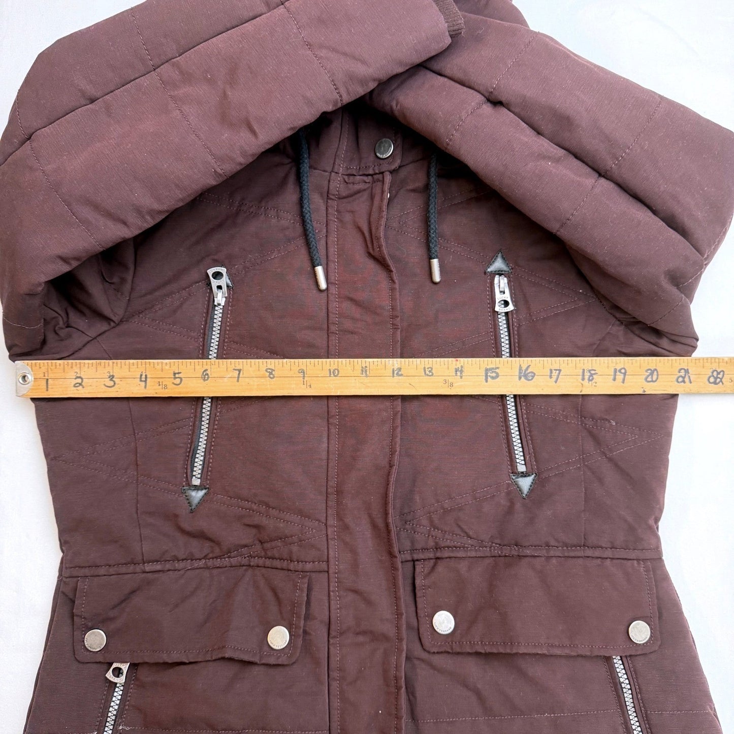 Lucky Brand Quilted Hooded Parka Jacket Burgundy Full Zip Pockets Womens Medium