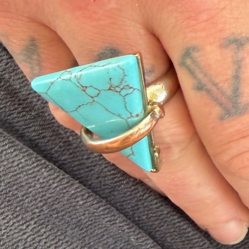 Turquoise Triangle Ring Geometric Bohemian Style Southwestern Statement  OS