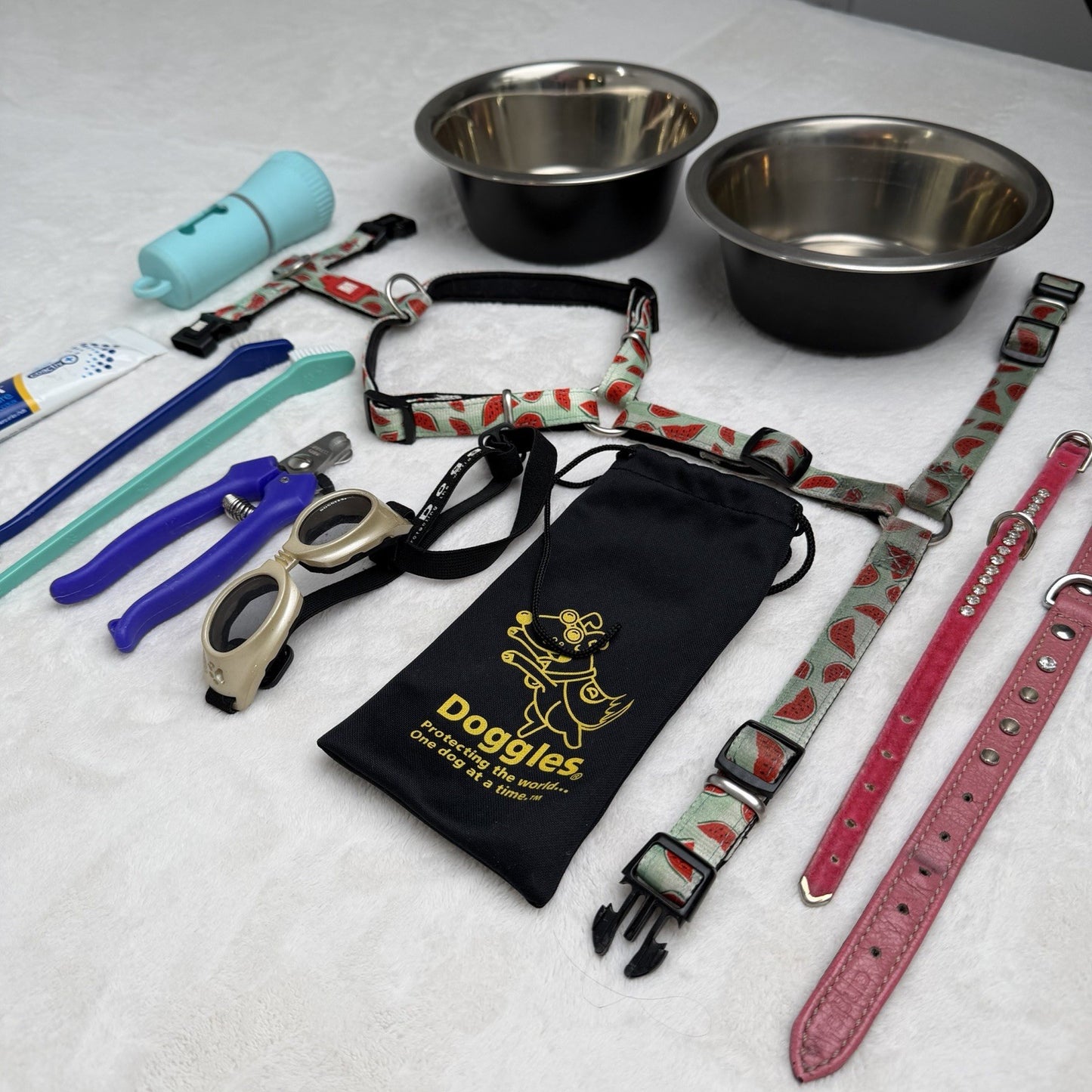 Dog Supplies Lot Bowls Harness Collars Goggles Toothpaste Clippers Brushes Paste