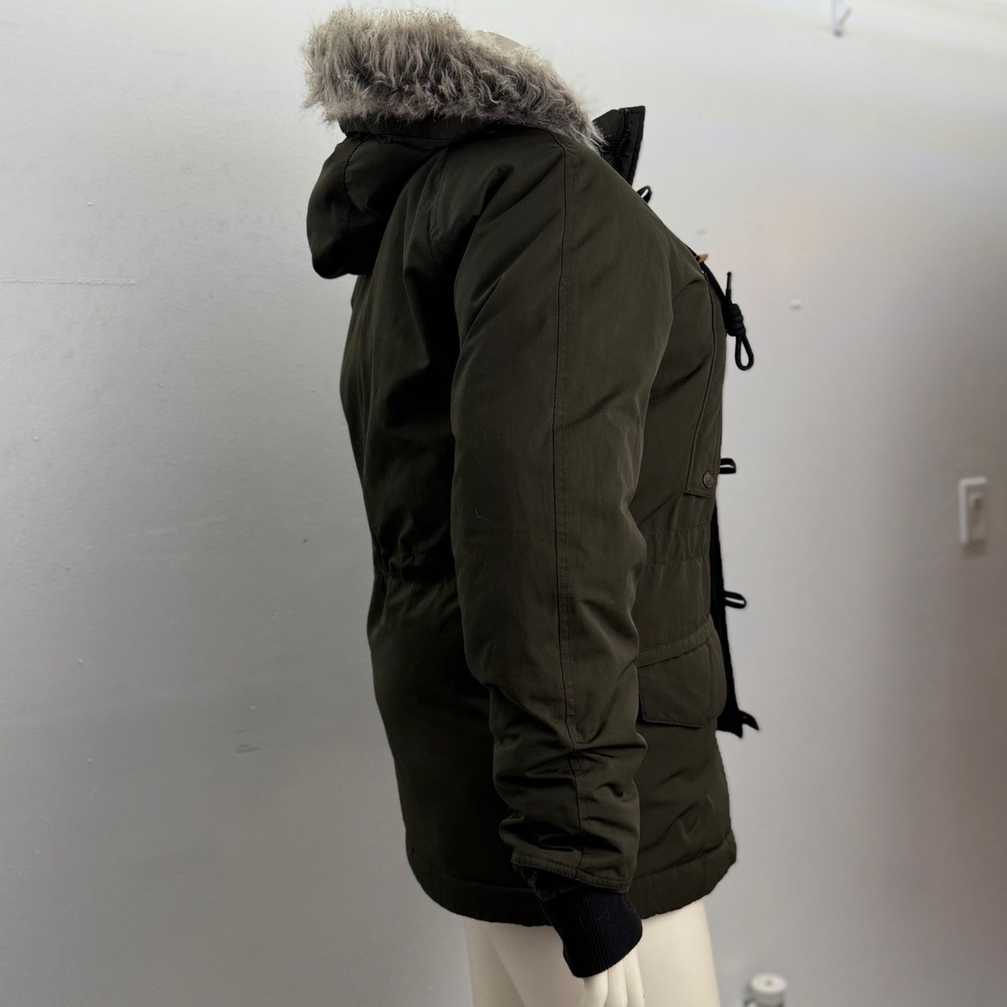 George Parka Jacket Olive Green Faux Fur Hood Military Utility Gorpcore Medium