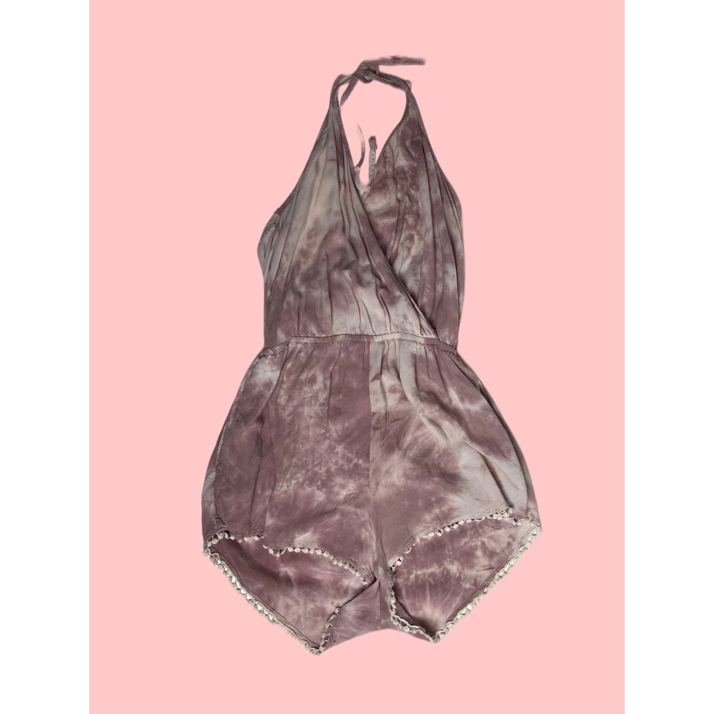 Mimi Chica Romper Tie Dye Halter Pom Pom Trim Boho Festival Mauve Large