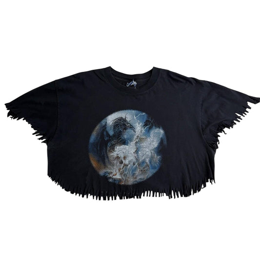 Vintage Rocker T-shirt  Women's Xlarge Black Blue Crop Top Unicorn Dragon Print