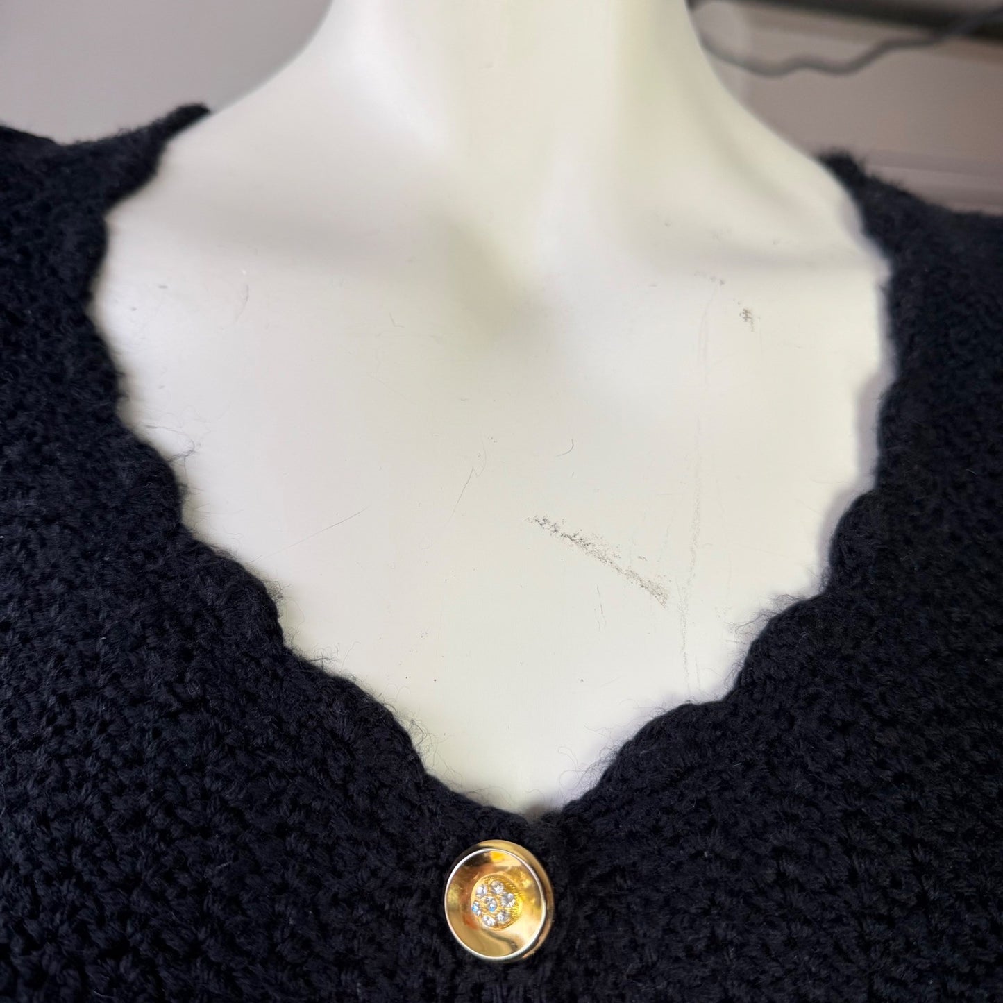 Handmade Vintage Crochet Cardigan Gold Rhinestone Buttons Coquette Black Small