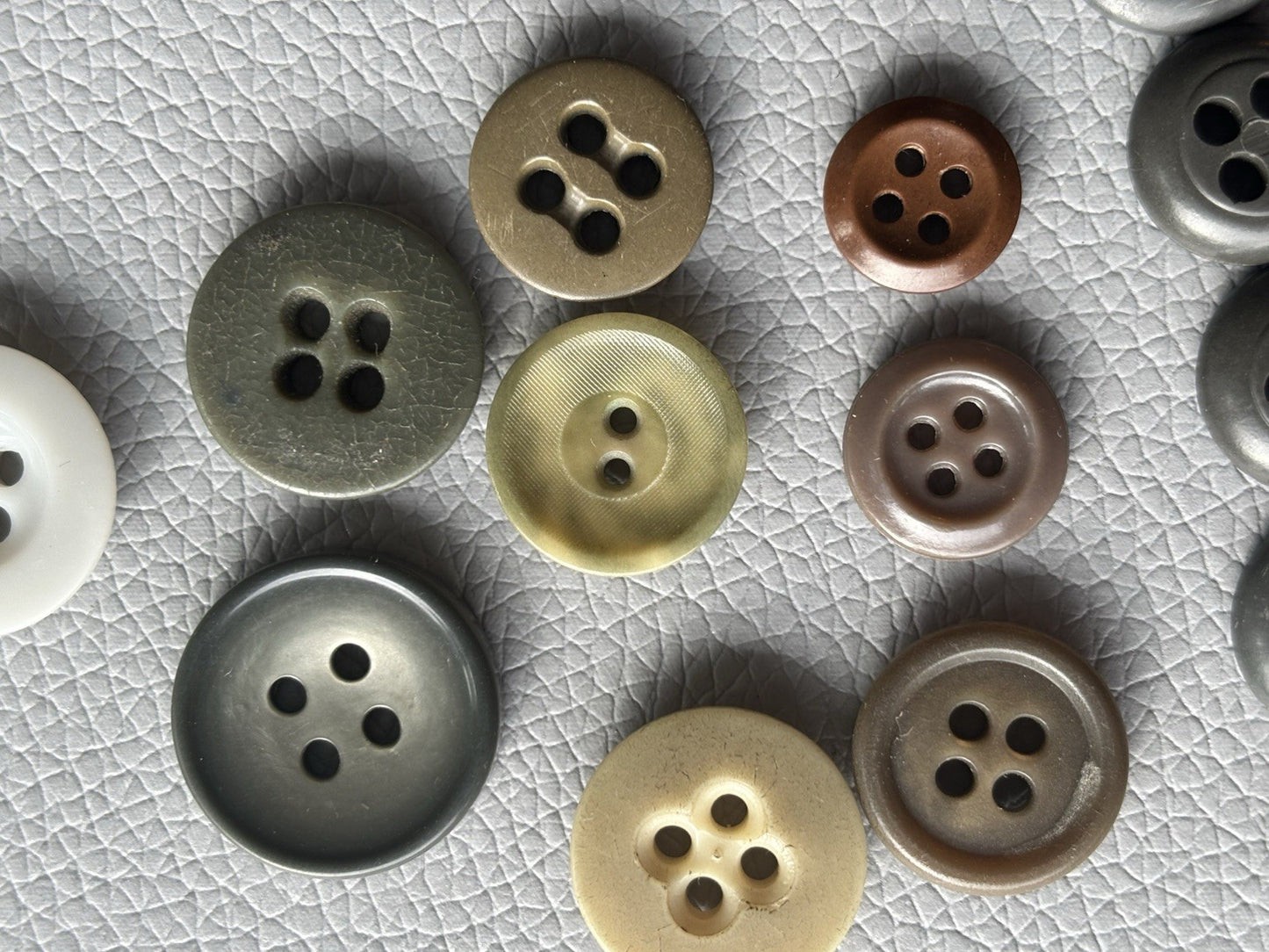 Vintage Button Lot Of 59 Early Plastic Four Hole Buttons Grey Taupe White Brown