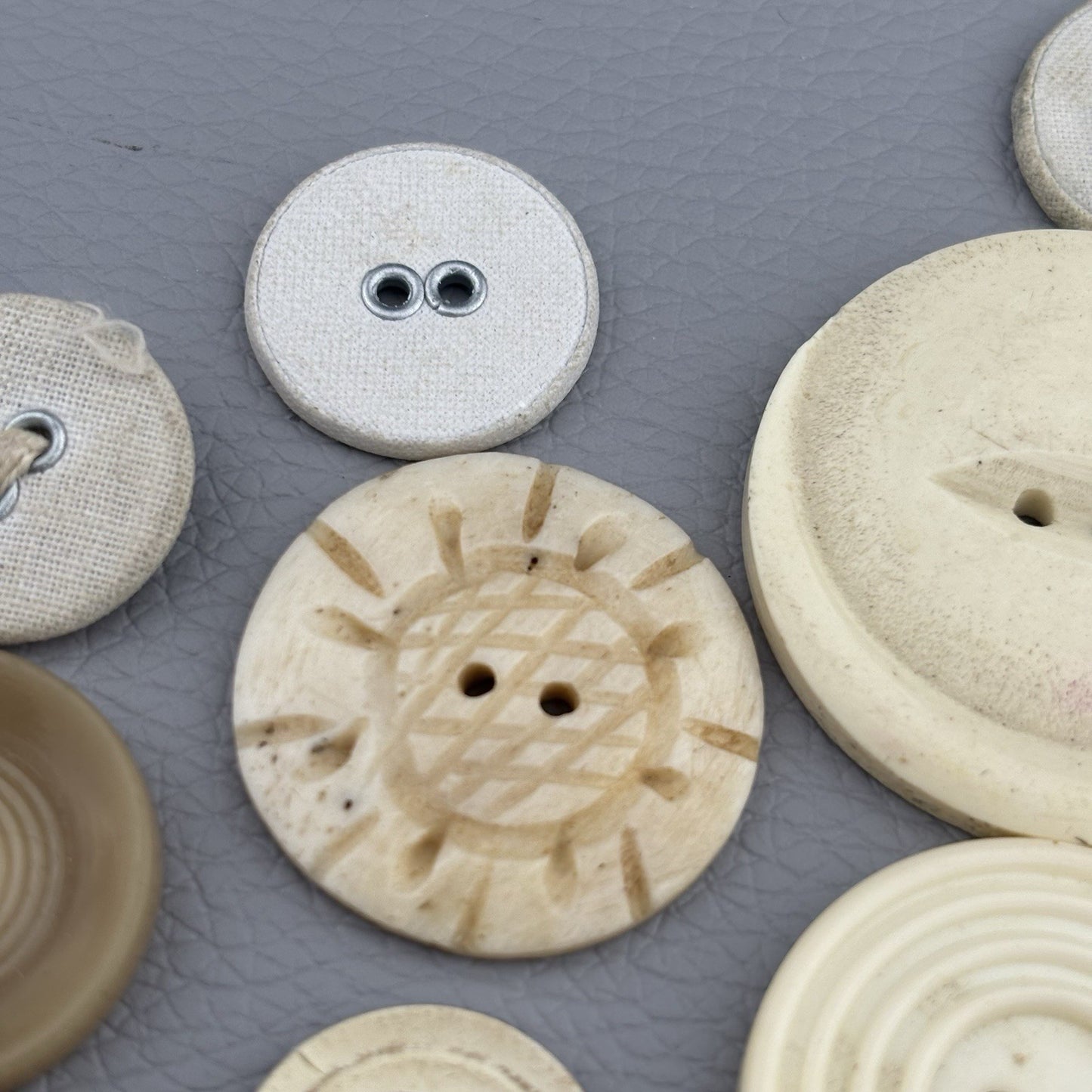 Antique Casein + Fabric Buttons Lot – Natural Ivory Beige Mix ~35pcs Early 1900s