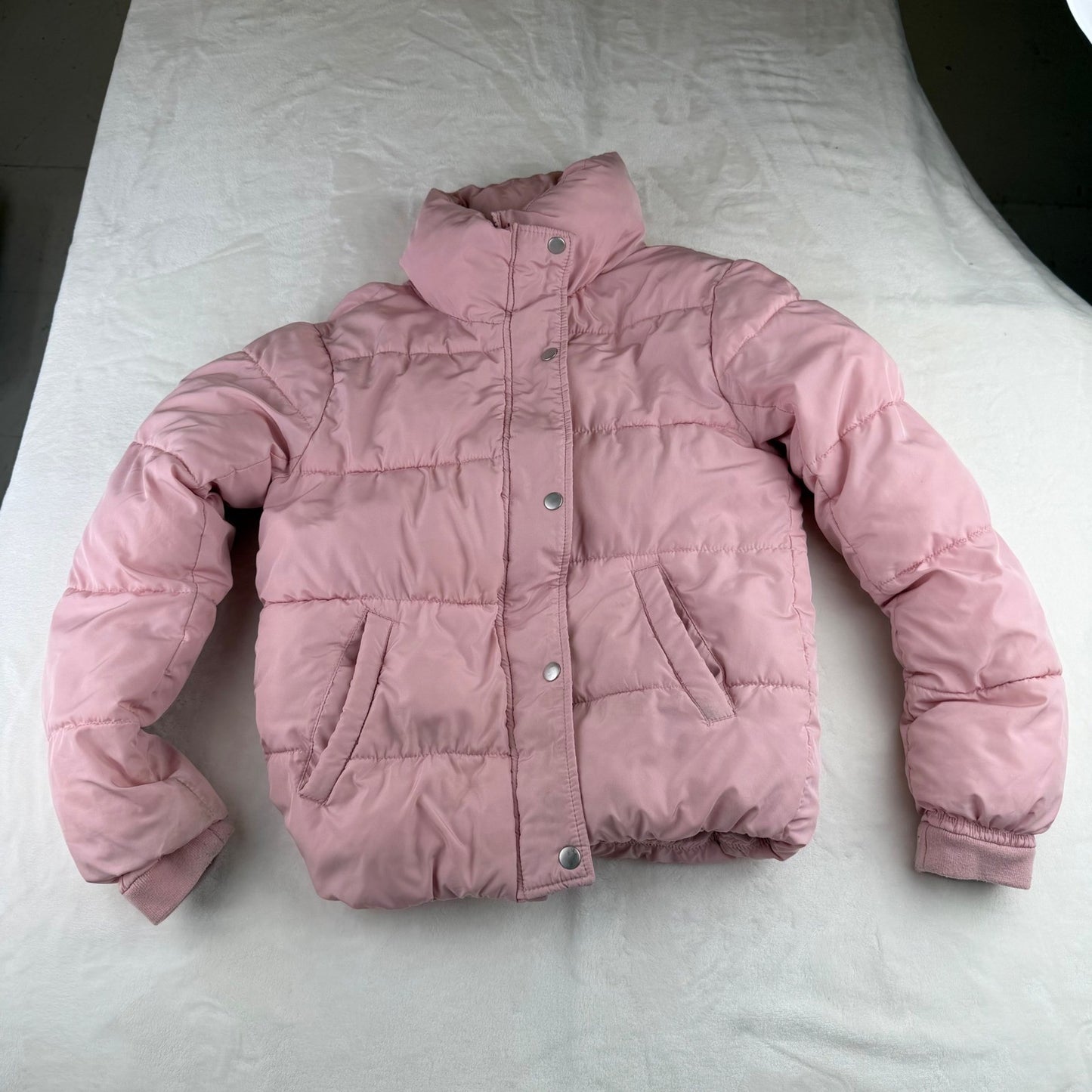 Pink Puffer Jacket Funnel Neck Snap Button Quilted Coat Small Barbiecore Y2K