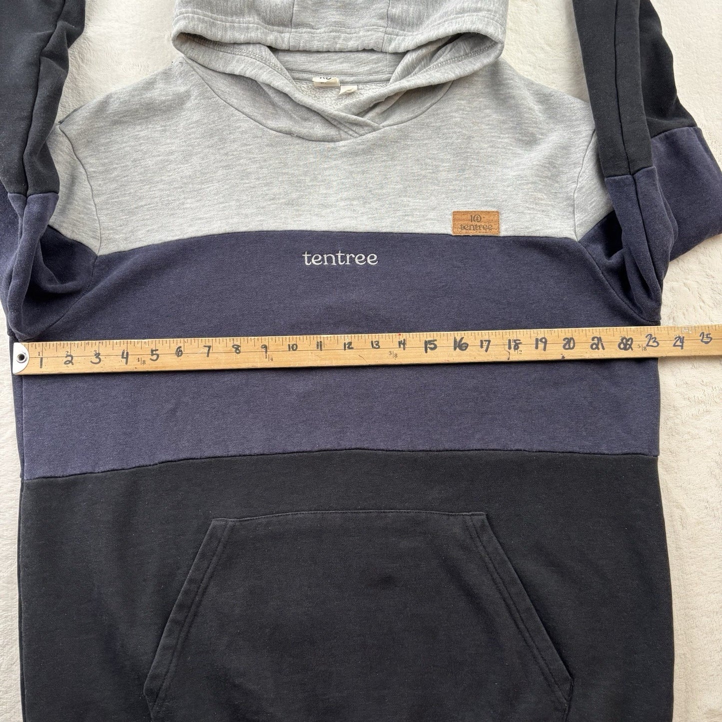 Tentree Mens Hoodie Large Colorblock Gray Navy Black Pullover Organic Cotton