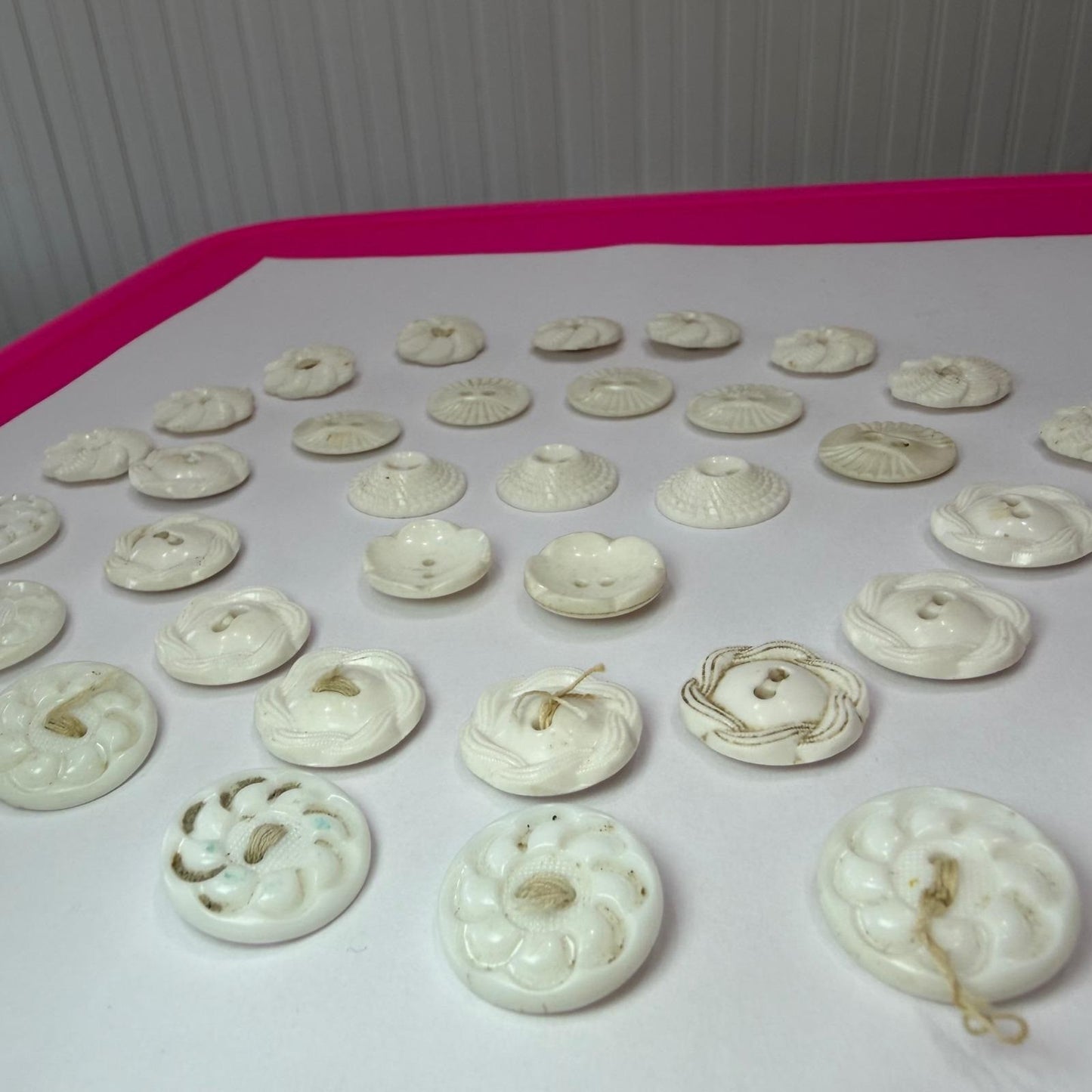 Antique Milk Glass Buttons Mixed Lot Floral Sunburst Victorian White 2Hole 36pc