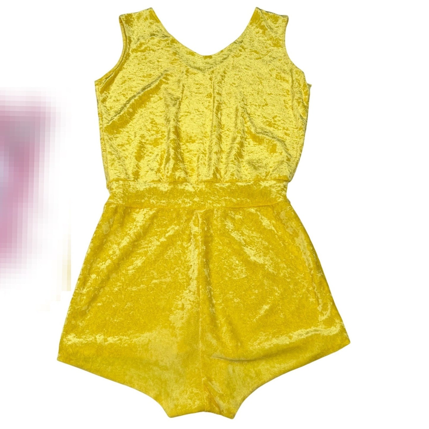 Vintage handmade Yellow 80's Romper Crushed Velvet Sleeveless V-Neck Retro Sz S