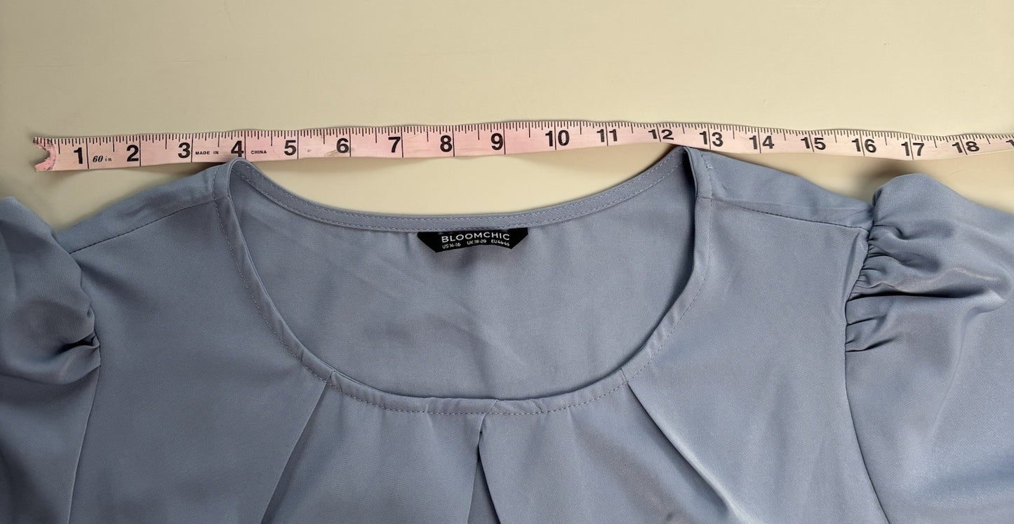 BloomChic Dusty Blue Puff Sleeve Midi Dress Size 14–16 Keyhole Neckline Pockets