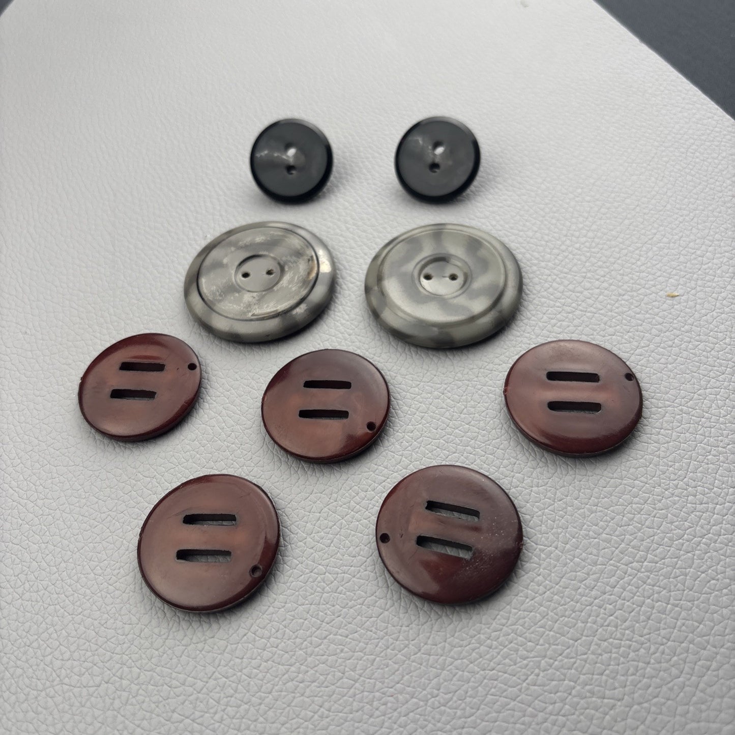 Vintage Casein & Bakelite Buttons Lot | Marbled Gray, Brown Slot, Black Shank