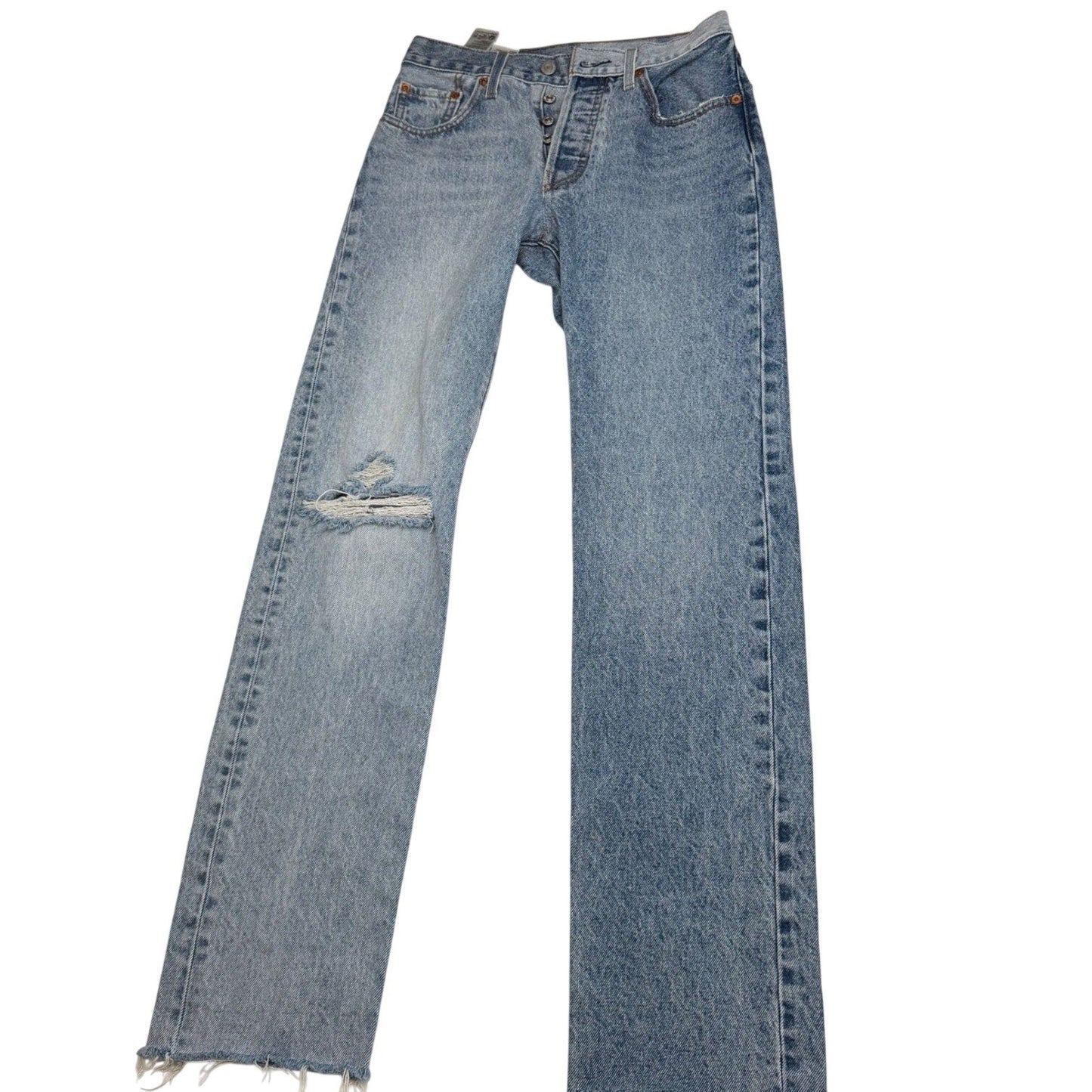 Levi's Premium Wedgie Straight Jeans Light Wash Distressed Knee Raw Hem – Sz 23