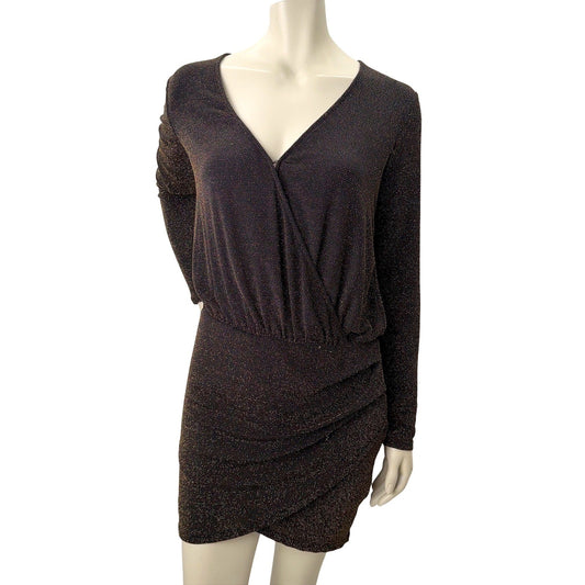 Dynamite Gold Shimmer Black Dress Ruched Long Sleeve Y2K Goth Indie Sleaze M
