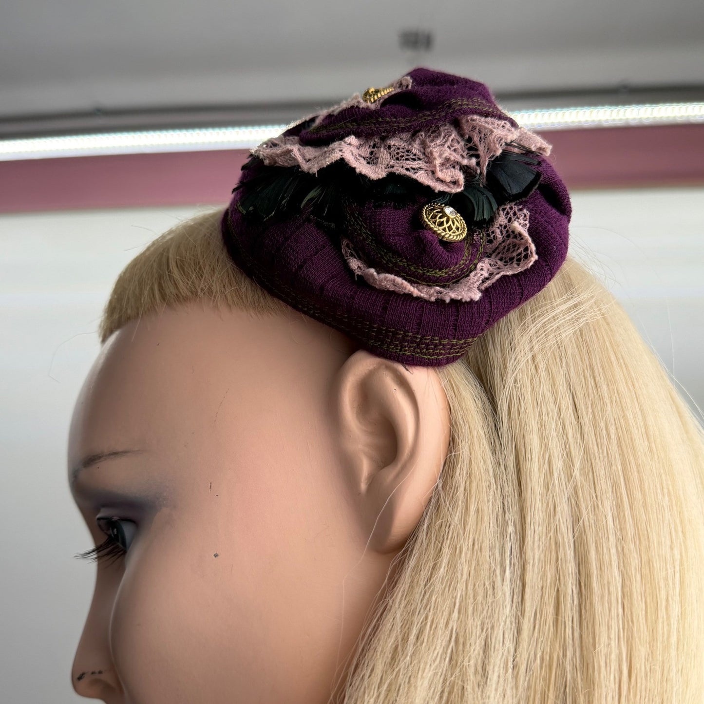 Handmade Fascinator Pillbox Style Purple Lace Feather Victorian Steampunk OS