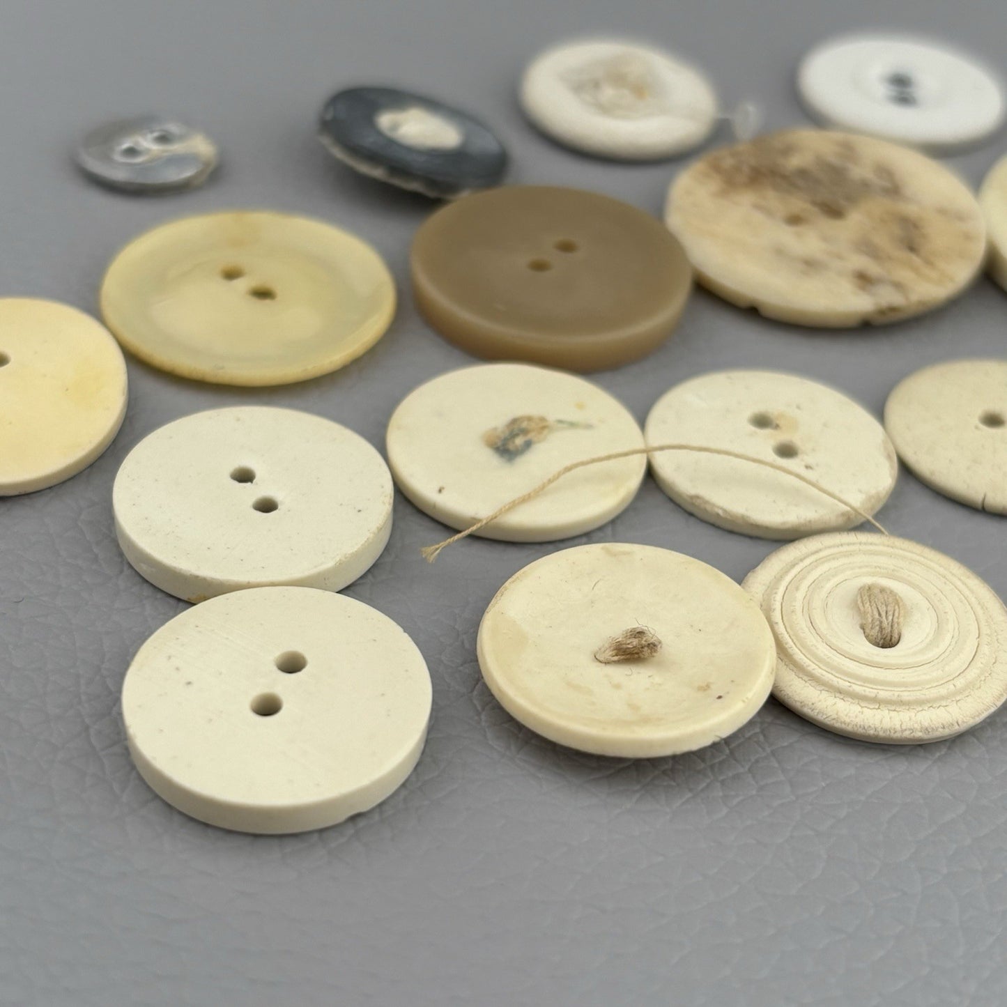 Antique Casein + Fabric Buttons Lot – Natural Ivory Beige Mix ~35pcs Early 1900s