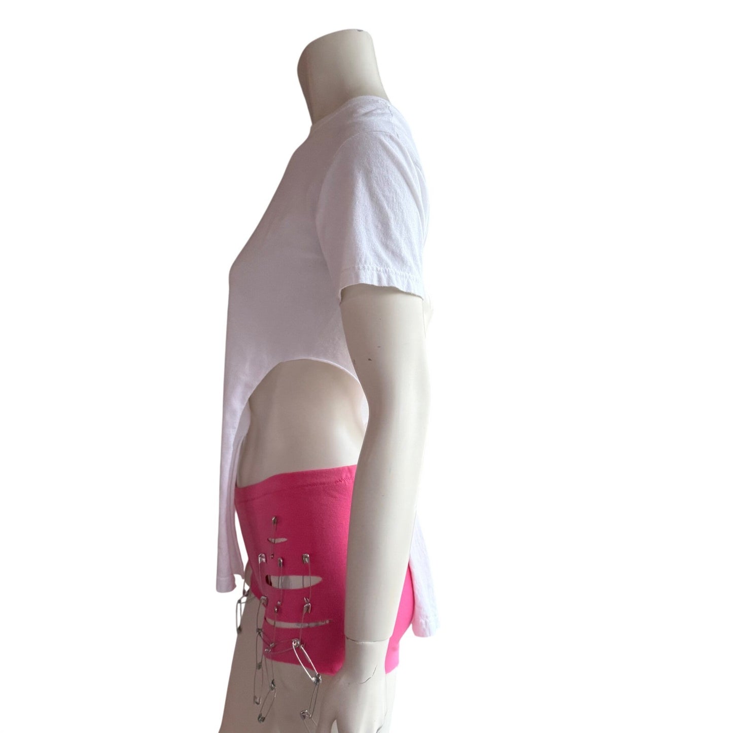 Simpłe NWT Pink Safety Pin Shorts + White CropTop Punk Festival Rave Neon Small