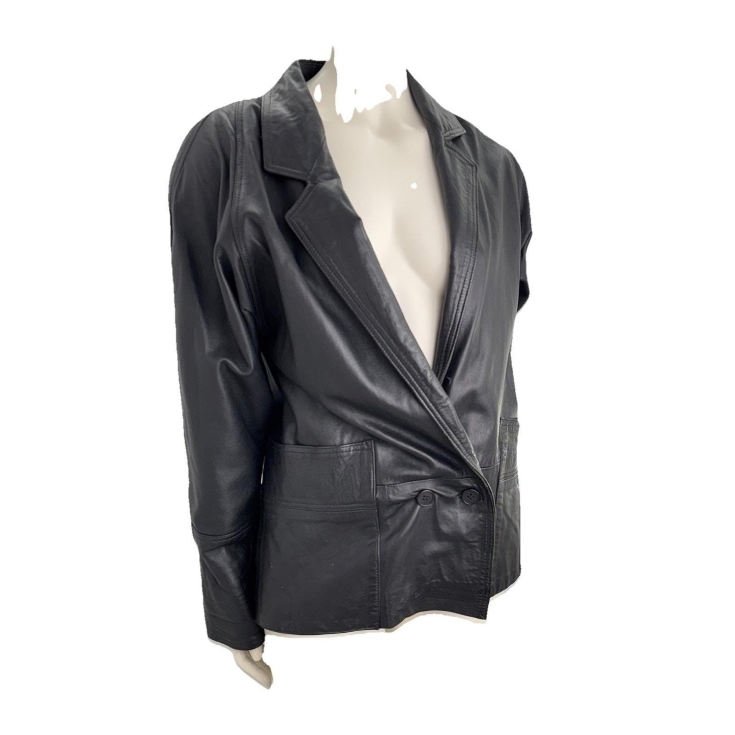 Vintage 90s Black Leather Blazer Jacket Minimalist Quiet Luxury Mobwife Medium