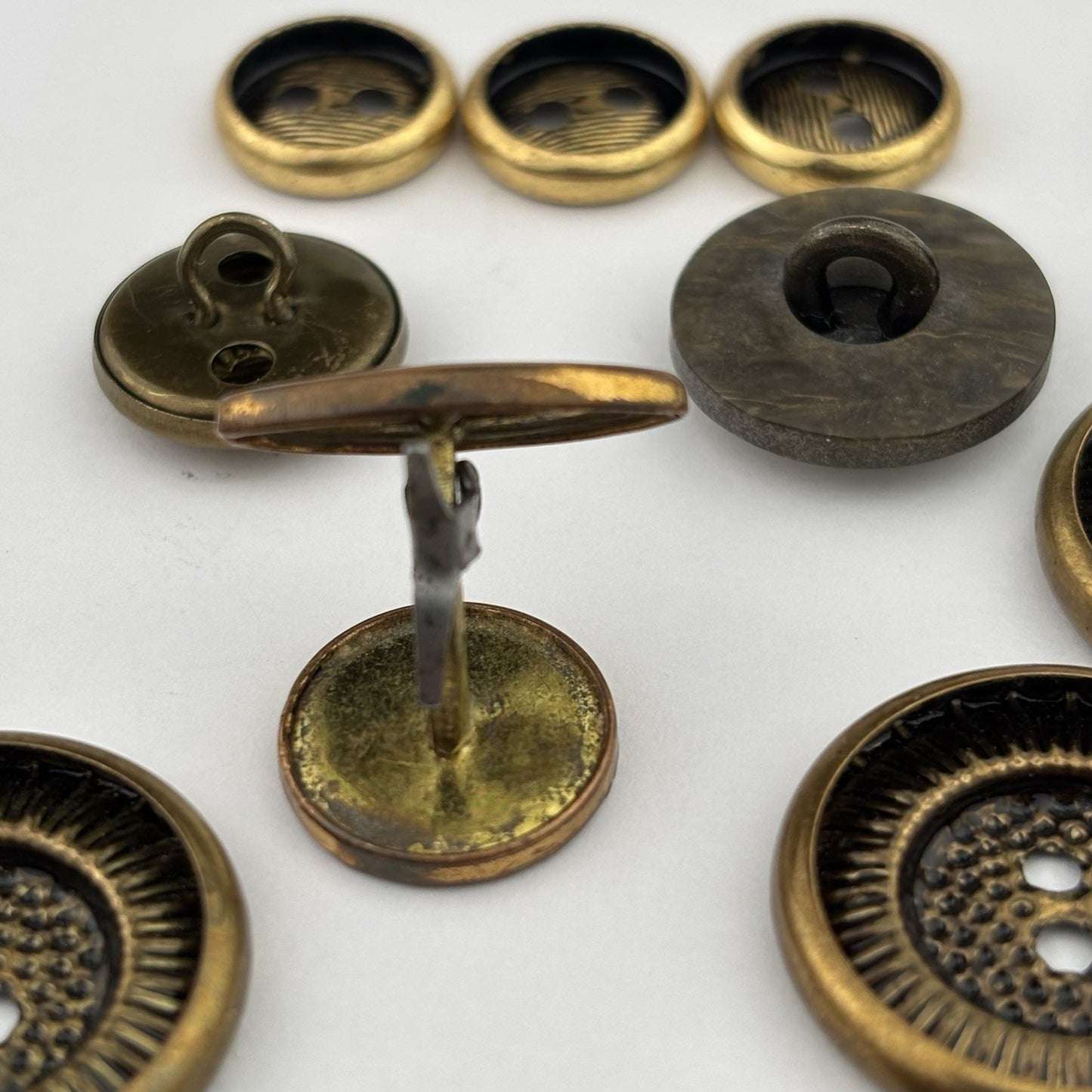 Vintage Brass Button Lot – Etched, Textured & Crest Designs in Bronze Tones, 24