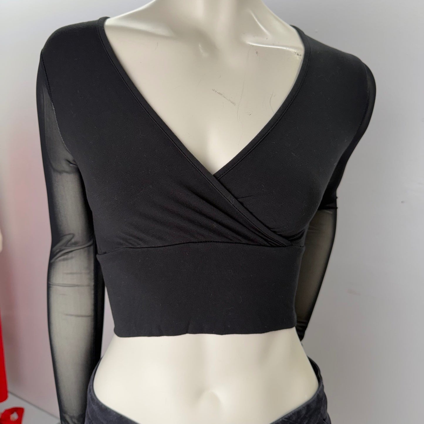 Black Sheer Sleeve Mesh Top Wrap Front V-Neck Crop Top Small Goth Romantic Y2K