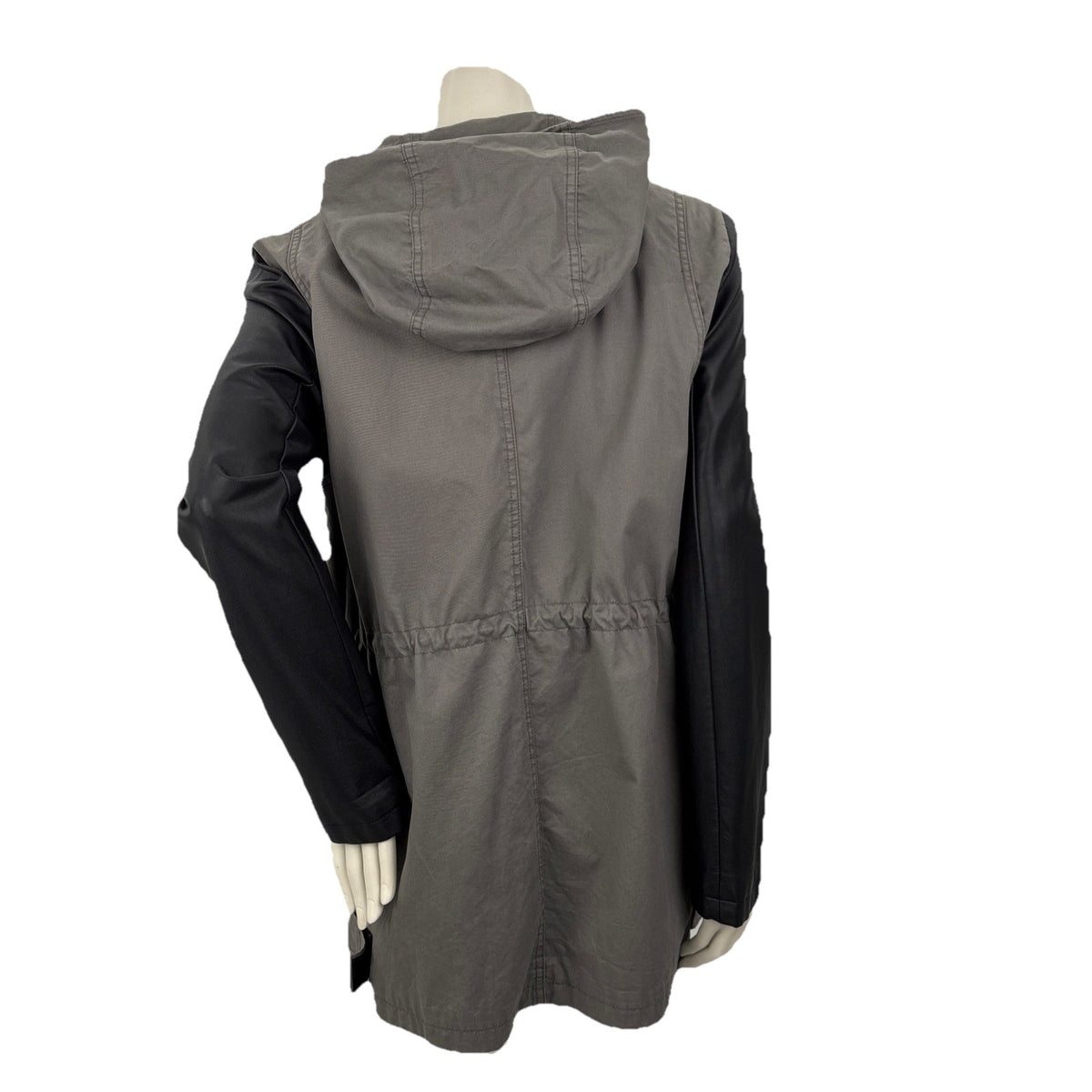DKNY Grey  And Black Cargo Coat Drawstring Waist Full Lined Zipper Hood Outdoors