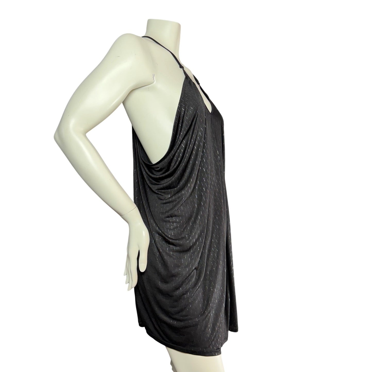 LUX Mini Dress Black Metallic Pinstripe Draped Racerback Y2K Disco Party Small