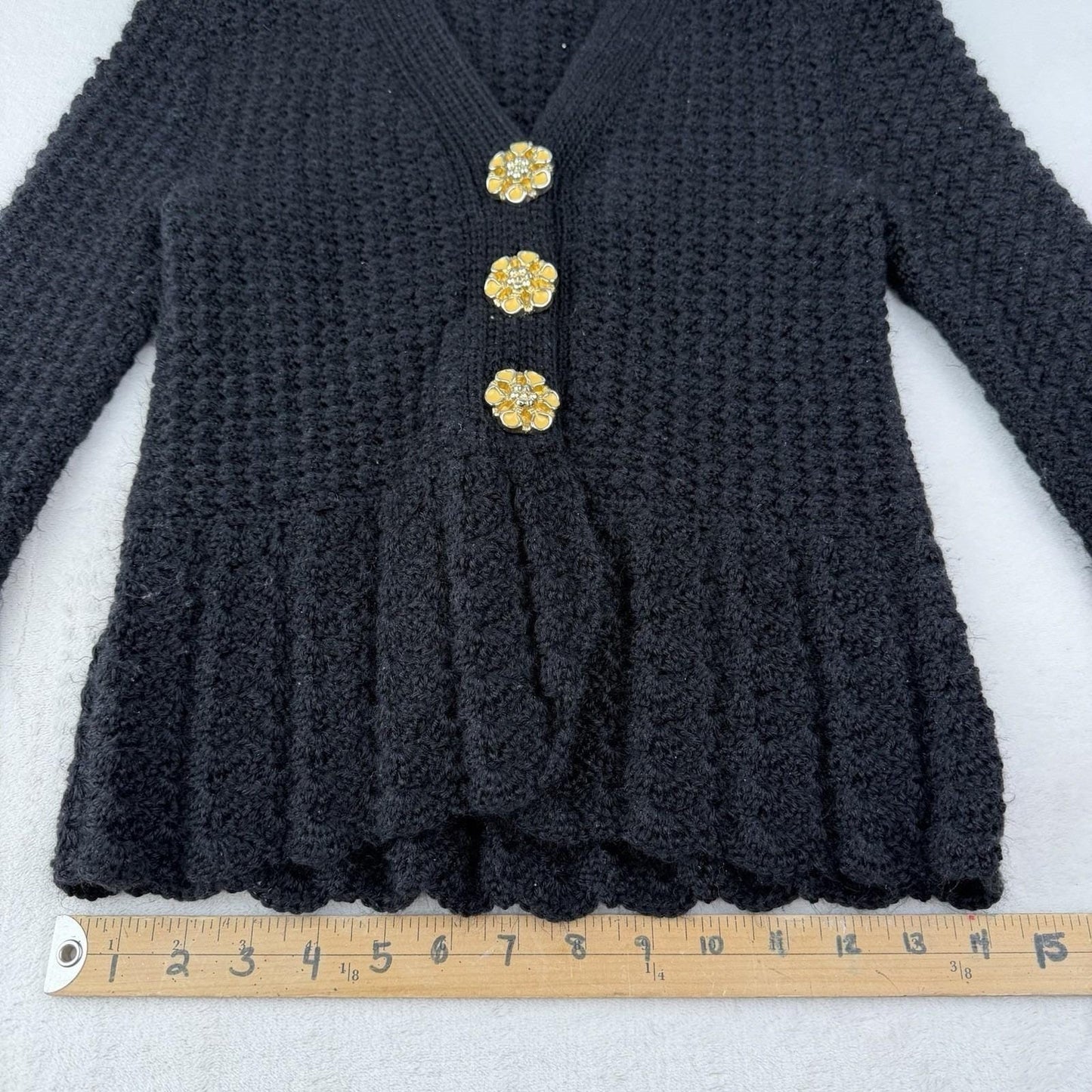 Vintage Black Fuzzy V-Neck Handmade Cardigan Peplum Yellow Flower Buttons Medium