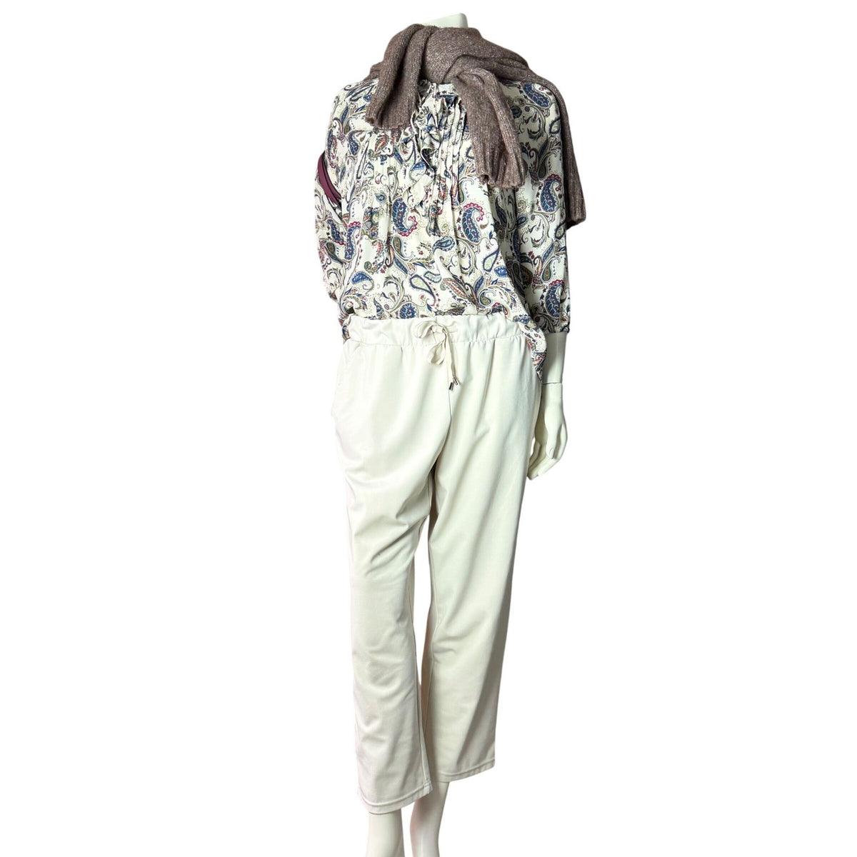 Cozy Neutral Capsule Outfit Paisley Blouse Old Navy Sweater Capri Pants  Bag