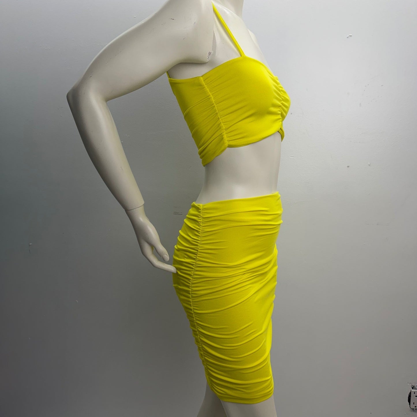 Neon Yellow Body Con Set  + Black Lycra Mini Skirt Club Rave Festival Outfit S