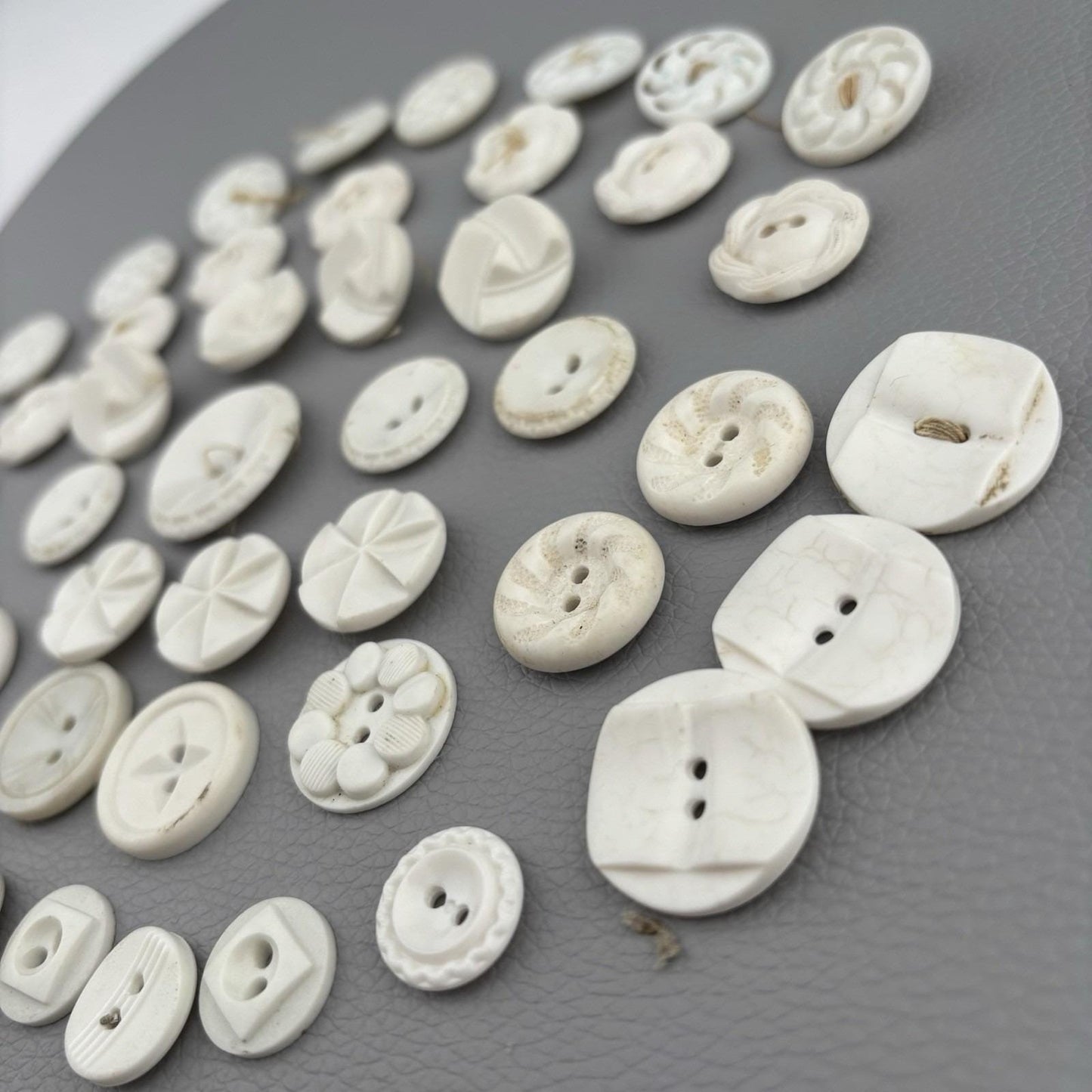 Antique White Carved Buttons Lot – Casein & Milk Glass Mix ~40pcs 1920s–40s