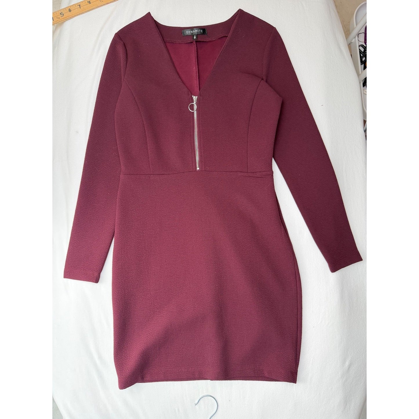 Dynamite Long Sleeve Mini Dress Burgundy Textured Bodycon Dark Academia Y2K M
