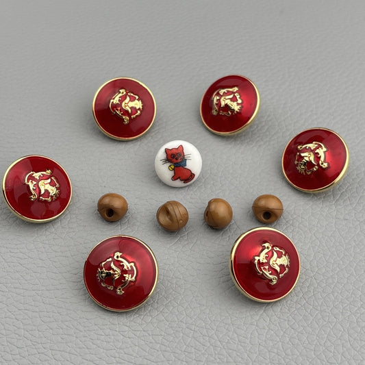 Vintage + New Plastic Red And Gold Color, Military,  Cat Print, Beige Bead Styl