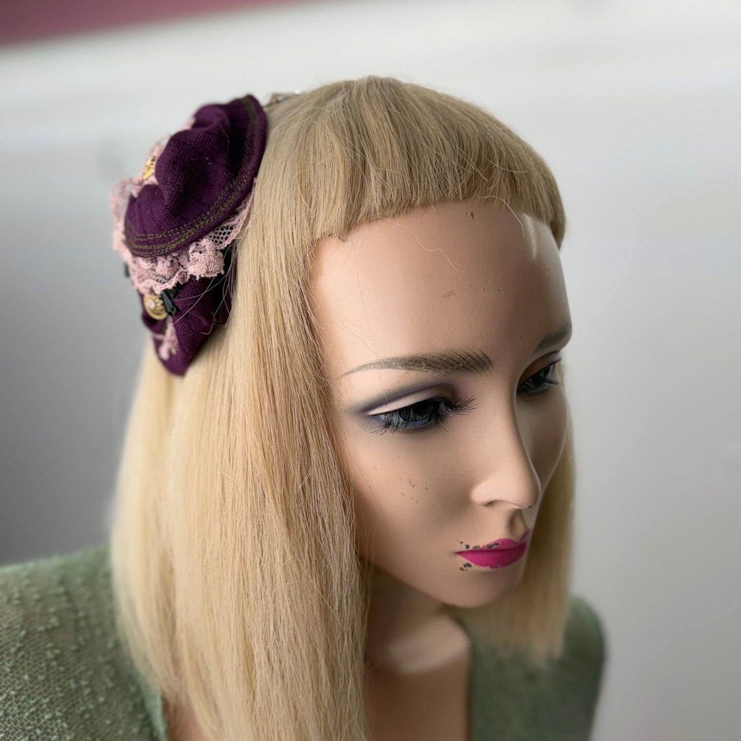 Handmade Fascinator Pillbox Style Purple Lace Feather Victorian Steampunk OS