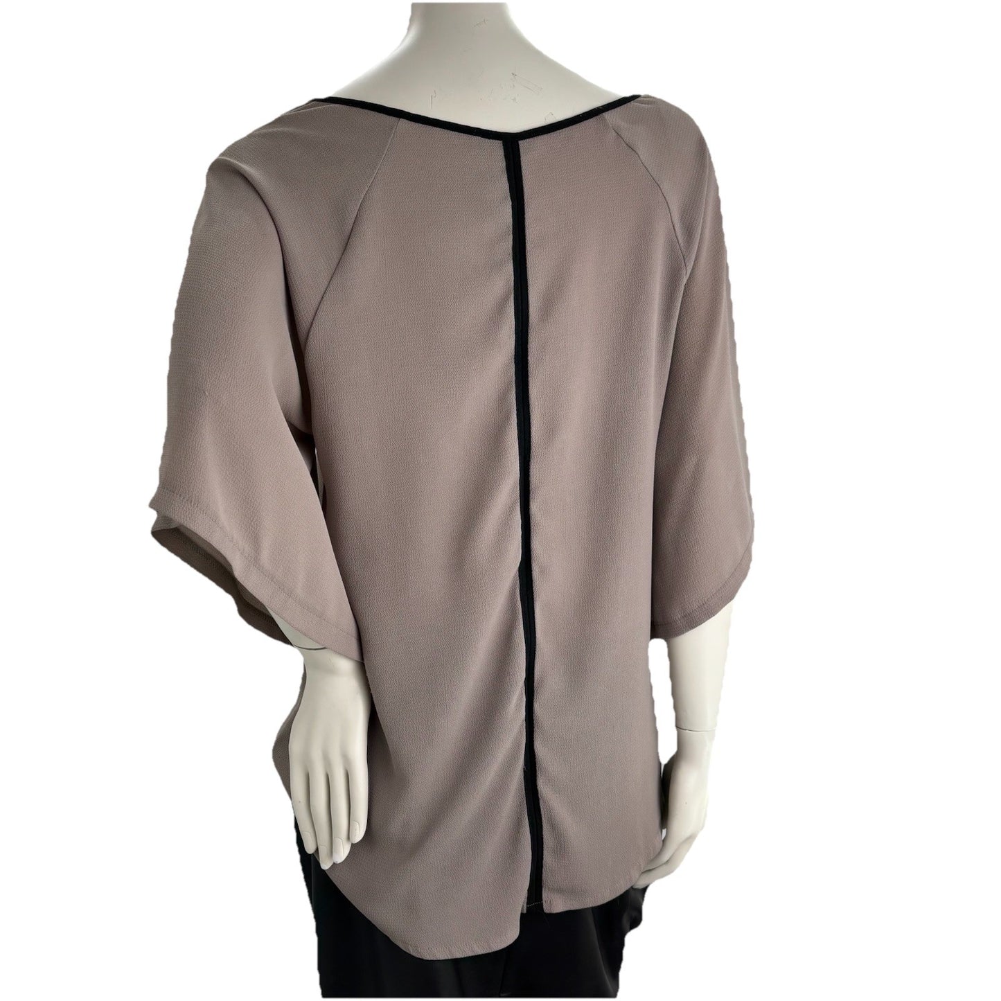 Vanessa Collezione Italy Sheer Flutter Sleeve Blouse Taupe Black Trim Sz Small