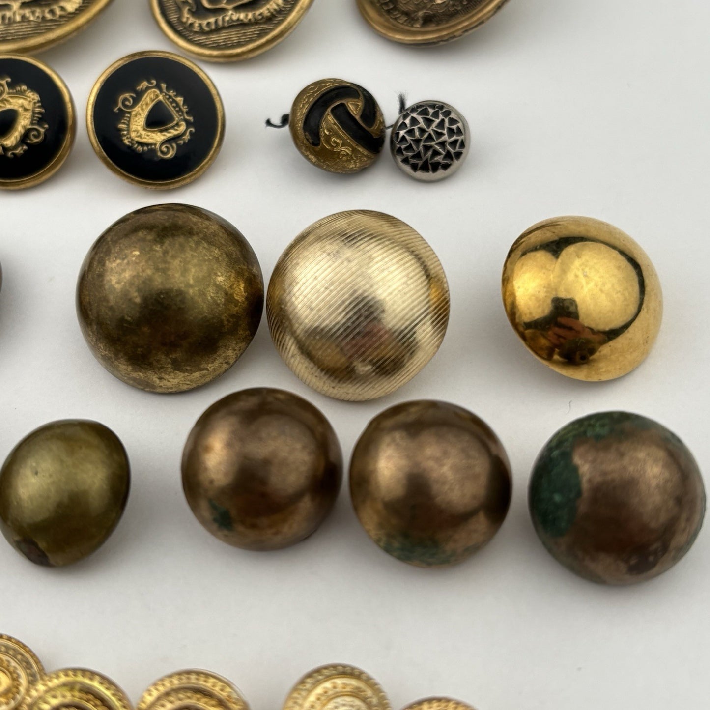 Vintage Brass & Gold Button Lot – Embossed, Hammered & Textured Mix, 31 Pieces