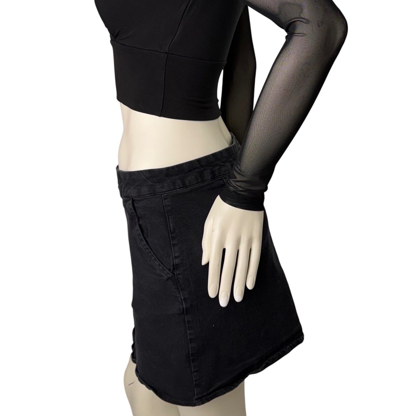 Streetwear Society Black Denim Mini Skirt Exposed O-Ring Zipper Y2K Goth Large