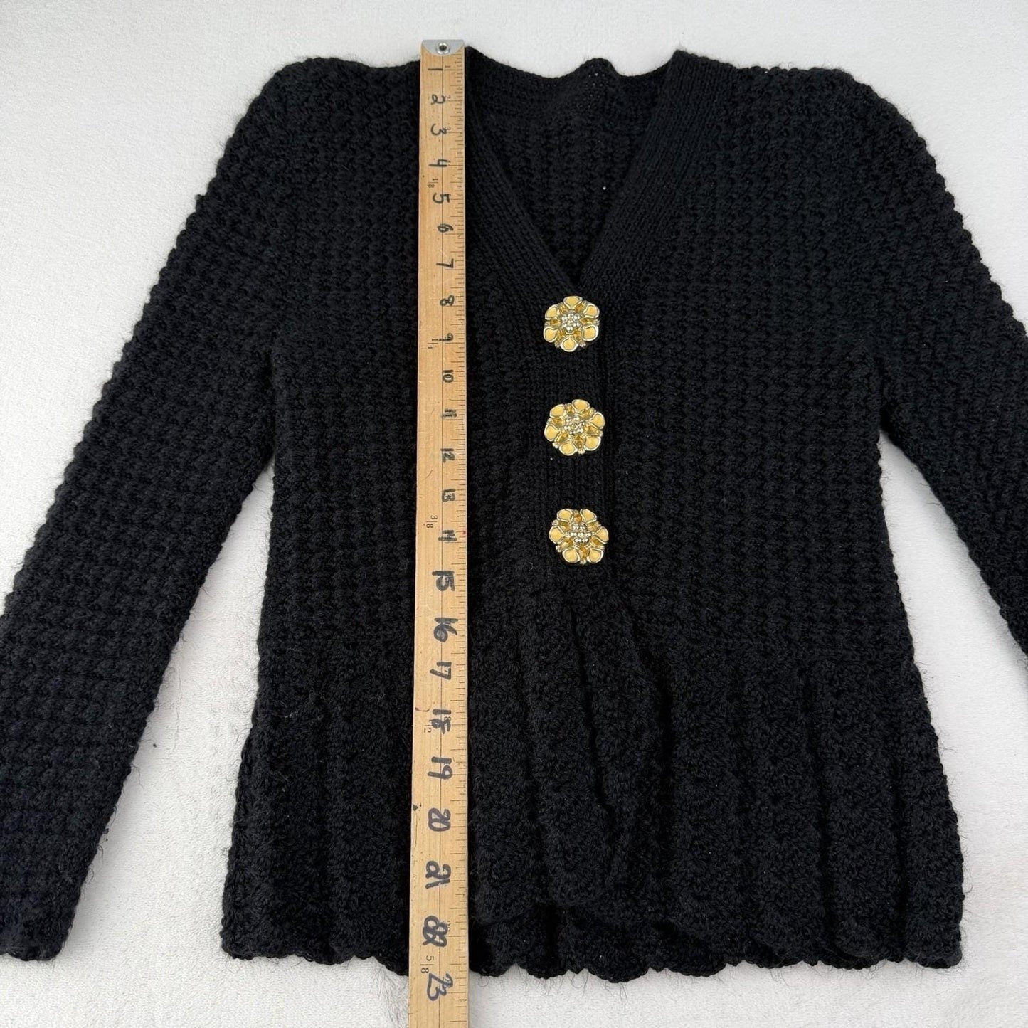 Vintage Black Fuzzy V-Neck Handmade Cardigan Peplum Yellow Flower Buttons Medium