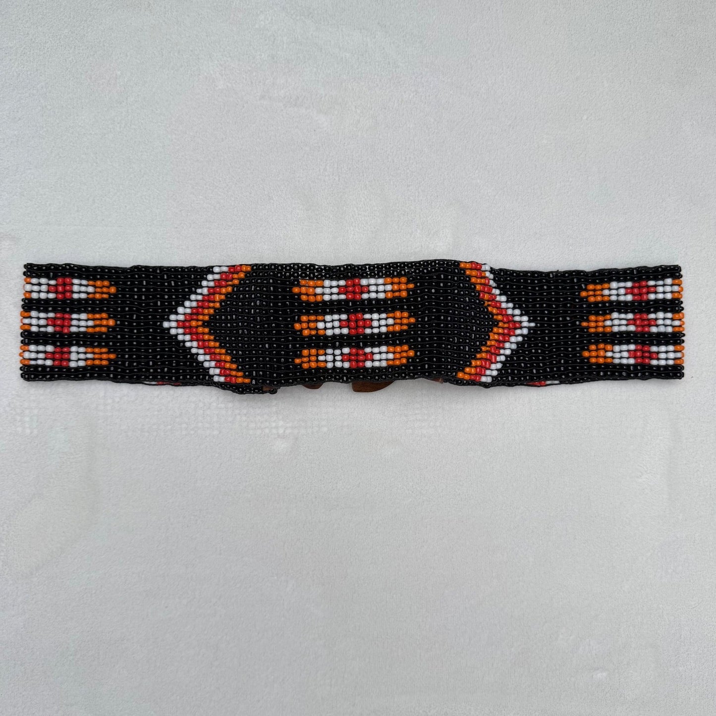 Vintage Beaded Belt Geometric Wood Hook Buckle Boho Southwestern Black OS