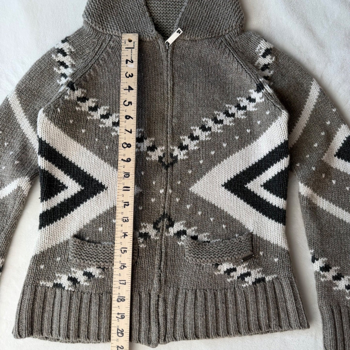 Kismet Zip Up Hooded Cardigan Wool Blend Geometric Cabin Gorpcore Sweater Size M